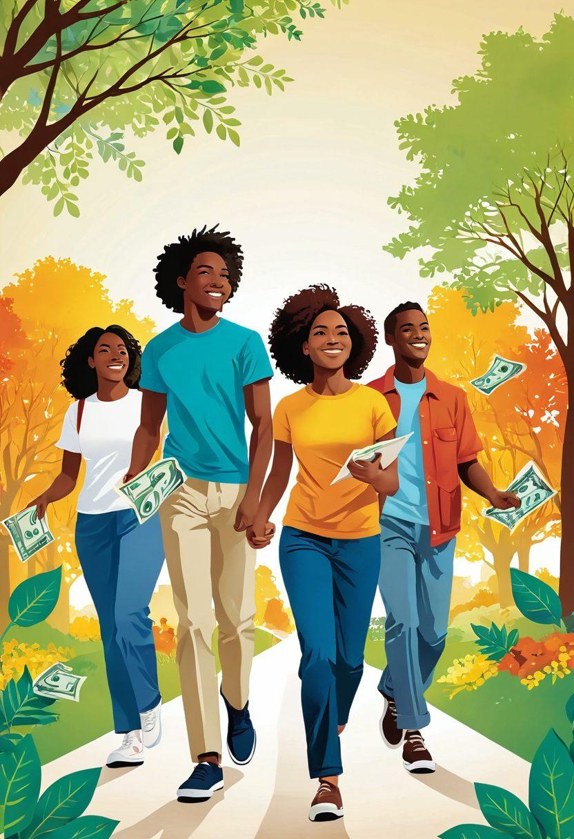 A vibrant illustration depicting a diverse group of young Americans confidently navigating their future. They are engaging with joyful insurance solutions in a sunny environment filled with symbols of hope, growth, and opportunity like trees with dollar bills for leaves and pathways leading to bright horizons. The atmosphere is lively and optimistic. vector art. vibrant colors. white background.
