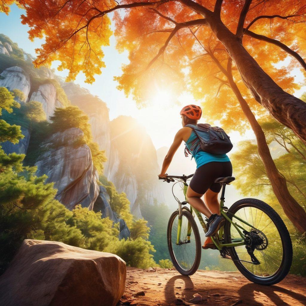 A vivid scene depicting diverse young individuals engaged in various active lifestyles such as cycling, rock climbing, and yoga in a serene outdoor environment. Showcase their vibrant energy and determination, with elements like sunlight filtering through trees and colorful sports gear. Include symbols of empowerment, like trophies or awards subtly in the background, to signify achievement. Inspire a sense of community and adventure. vibrant colors. super-realistic. nature background.